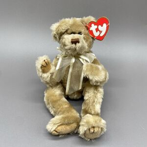 Vintage TY Attic Treasures Jointed Bear Plush Beverly Gold Bow Stuffed Animal 9"